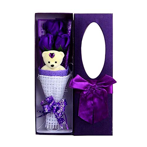 Valentine's Day Special, Imitate Roses Bouquet, 3 Scented Flower with A Bear, Gift Box - Violet