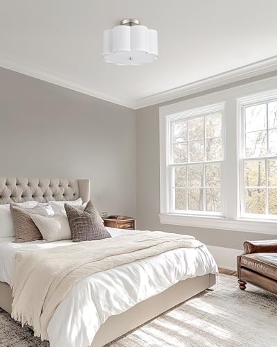 Image of Semi Flush Mount Ceiling Lights, 3-Light 13 inch Ceiling Light Fixtures with Fabric Shade in Flower Shape, Brushed Nickel Drum Lighting for Nursery Hallway Bedroom Kitchen, AD-22007-3SF-SN