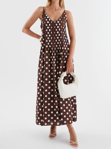 Image of Anoumcy Summer Pleated Maxi Dresses for Women 2026 Spaghetti Strap V Neck Vacation Beach Long Flowy Boho Sundress