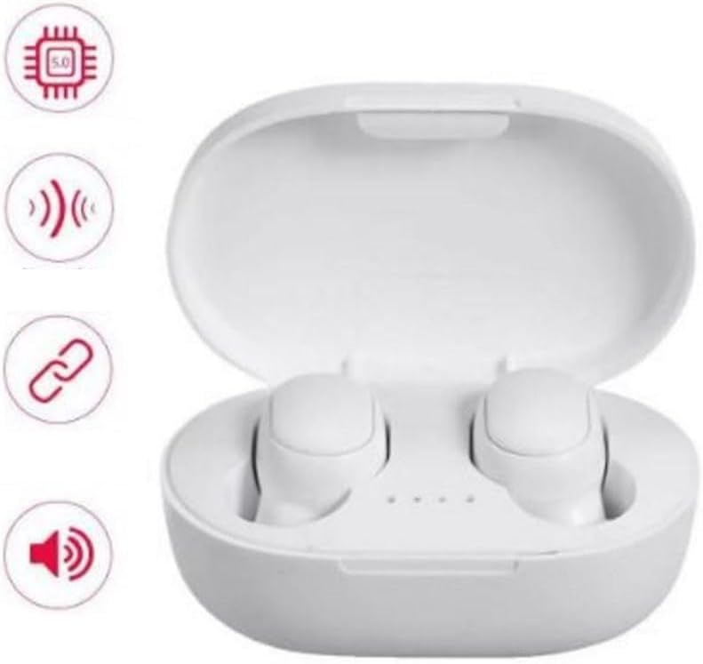 Open white A6S Air Pro 6 TWS charging case with both earbuds inside, showing indicator lights and icons for features.