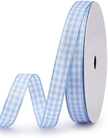 VIVIQUEN Gingham Ribbon Checkered Ribbon Taffeta Ribbon Plaid Ribbon Picnic Craft Ribbon 100% Polyester for Sewing, Gift, DIY Craft, Wedding, Home Decoration 3/8" x 25 Yd(Light Blue)