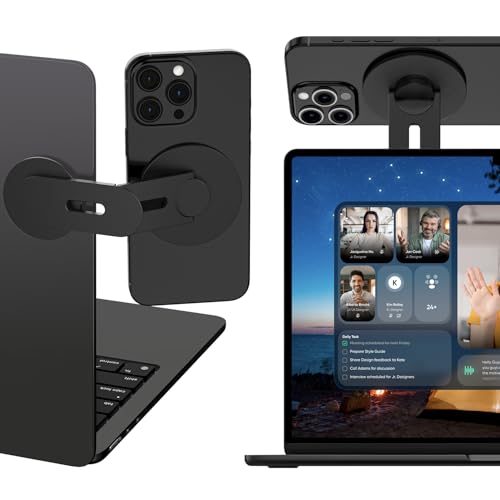 ALAFLY Supporto Magnetico per Laptop Compatibile con MagSafe iPhone/Samsung, Supporto Laterale per Telefono Pieghevole a 110° e Regolabile a 180° per Tesla/Computer/Monitor/Tutti i Telefoni, Nero