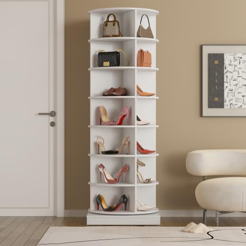 Image of HKLYRHIMO Rotating Storage Rack-American Design White-7-Tier Spinning Storage Rack,Free Standing 360 Revolving Shoe Organizer-for Bedroom,Livingroom,Hallway. (White,7-Tier with Base)