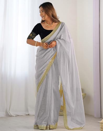Image of SIRIL Women's Shimmer Net Sequence Embroidery Lace Saree for With Unstitched Blouse Piece