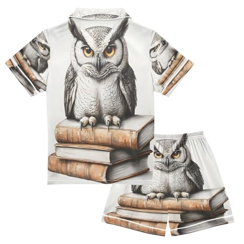 ALAZA Funny Bird Owl Book Satin Pajamas Set Short Sleeve Button Down Sleepwear Summer Pjs 2 Piece2