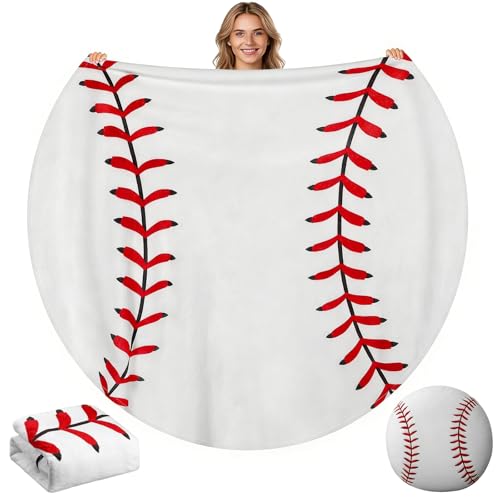 60 Round Sports Throw Blanket Soft Flannel with Storage Cover As a Throw Pillow Cushions Baseball Tennis Soccer Basketball Novelty Blanket for Sports Fan Birthday Senior Night Gift (Baseball)
