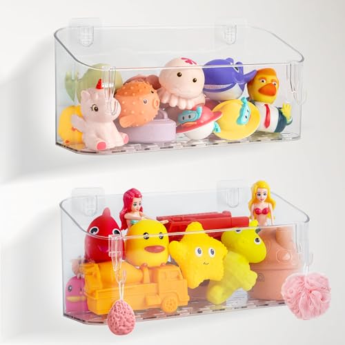 Bath Toy Storage Adhesive Shelf Shower Caddy Acrylic Shower Shelves Bathroom Organizers for Baby Bath Toys Bathtub Toy Storage Holder Large Capacity Bathroom Wall Organizer Tub Accessories, 2 Pack by MUMUQ - Used condition - CA$23.96