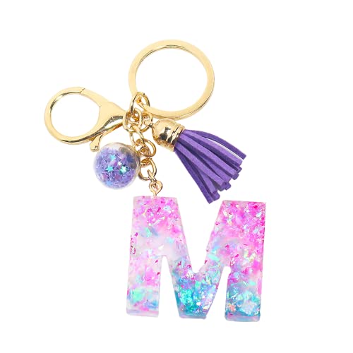 Fuqimanman2020 Glitter Letter A-Z Keychain Pink Blue Resin Alphabet Initial Letter Pendant Accessories With Purple Tassel Glass Ball-M #TOP21