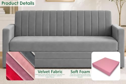 Image of Modern 3 Seater Sofa Cum Bed with Armrest, Velvet Fabric Couch for Living Room, Space Saving Foldable Sleeper Sofa, (Grey-Color)