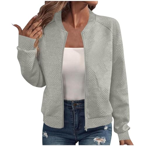 Image of Bomber Jacket Women Uk Lightweight Long Sleeve Zip Up Jackets Casual Stand Collar Full Zipper Coats Solid Color Oversized Textured Autumn Jackets Cropped Slim Fit Comfort Baseball Outerwear Top