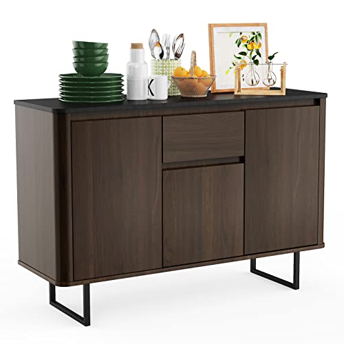 Silkydry Sideboard Buffet Cabinet, Kitchen Storage Cabinet W/Adjustable Shelves, Large Drawer, 3 Doors & Metal Legs, Cupboard Console Table For Living Room, Dining Room, Entryway, Hallway (Walnut) #TOP12