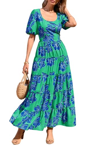 Image of PRETTYGARDEN Puff Short Sleeve Cewneck Floral Long Fall Dresses for Women 2025 Flowy Tiered Hem Maxi Wedding Guest Dress