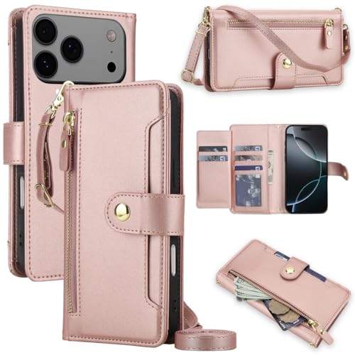 Étui portefeuille iPhone 17 Pro or rose anti-chute à sangle