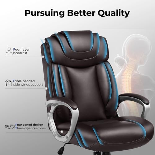 COMHOMA Ergonomic Office Chair Wheels Home Office Desk Chairs Comfy Back Support PU Leather Executive Office Chair with Headrest Padded Armrests Height Adjustable Tilt Swivel Rolling Reclining Seat