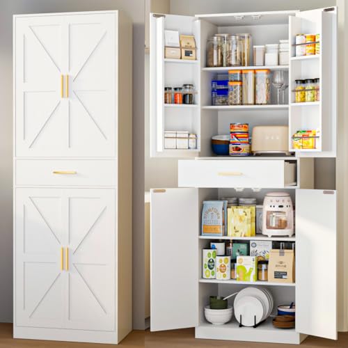 GTFURNI 71' Tall Kitchen Pantry Storage Cabinet with 4 Doors & Drawer, Adjustable Shelves, Farmhouse Cupboard, Freestanding Cabinet with Door Shelves for Dining Room/Living Space, White
