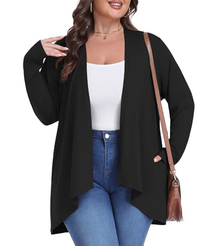 Image of JoyJoli Plus Size Black Sweater for Women Open Front Draped Cardigan for Office and Workwear Black-3X