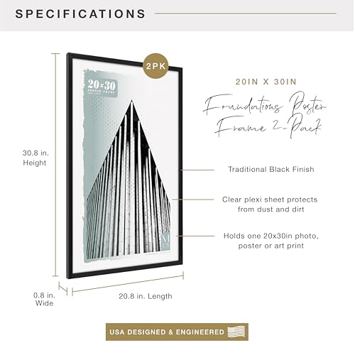 Image of MCS Foundation 20x30 Poster Frame Traditional Black, Vertical & Horizontal Wall Hanging Large Picture Frame for Photos, Posters & Art Prints (2-Pack)