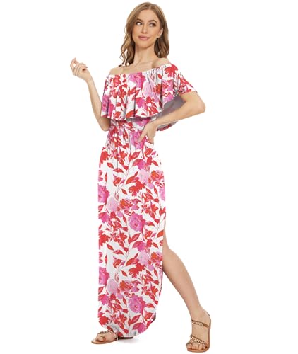 Image of LILBETTER Womens Off The Shoulder Ruffle Party Dresses Side Split Beach Maxi Dress