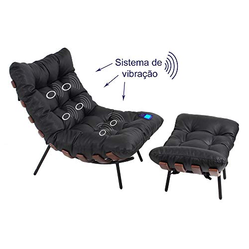 Poltrona Costela ATZ Massageadora com Puff Couro Preta Imbuia Base Preta