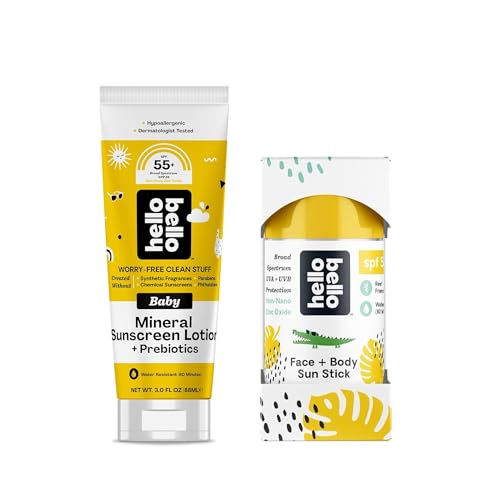 Image of Bundle of Hello Bello Mineral Sunscreen Lotion (SPF 55+) with Prebiotics, 3 fl oz + Face & Body Sunscreen Stick (SPF 50), 1oz - Water Resistant & Reef Friendly Sun Protection for Babies and Kids
