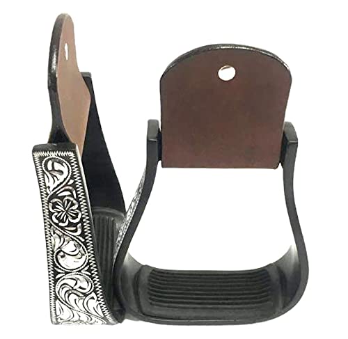 Majestic Ally Western Horse Aluminum Black Engraved Stirrups- Adults (Silver-Black) - Thumbnail 3