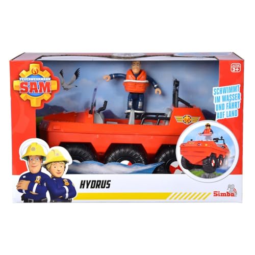 SIMBA 109251051038 Feuerwehrmann Sam Hydrus Mit Figur 20 cm Offizielles lizensiertes Feuerwehrfahrzeug fährt mit 6 Rädern, kann auf dem Wasser Schwimmen; Feuerwehrmann Spielen, Geschenk für Kinder ab