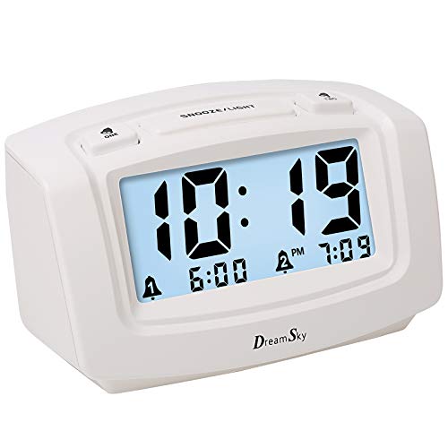 DreamSky Dual Alarm Clock with Smart Adjustable Nightlight, Snooze, Large LCD Display, Portable Battery Operated, Ascending Alarms Sound, Simple Operate Clocks for Bedroom and Kids