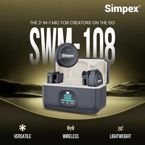 Image of Simpex SWM 108 Dual Wireless Collar Label Microphone with ENC Noise Cancellation & Charging Case, Type C & 8 Pin Receiver,Wireless Microphone for iPhone, Android, Vlog, Streaming.