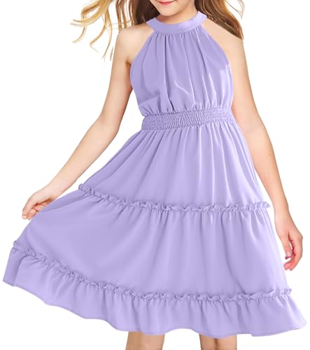 Girls'Dresses Summer Halter Neck Off Shoulder Solid Waist Smocked A-Line Midi Dress 6-14 Years