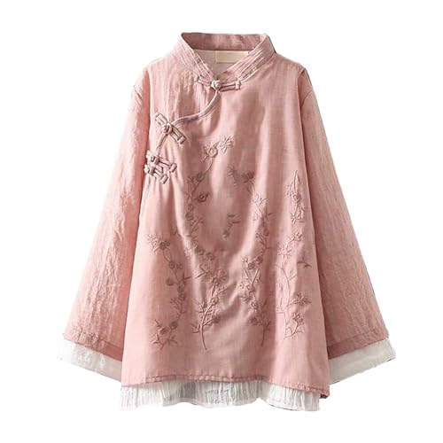 Chemise brodée en lin boutonnée pour femme - Vêtement zen chinois - Coupe ample - Col rond contrasté - T-shirt d'été pour femme, Rose, 3XL