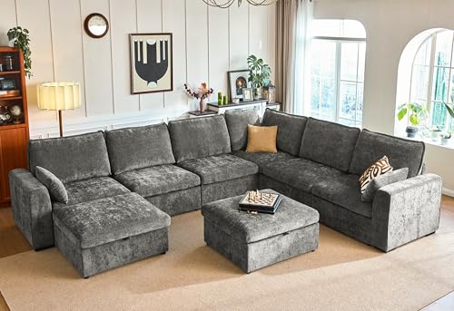 Image of 155.9'' Oversized Modular Sectional Sofa Plush Cloud Couch with Storage, Convertible Deep U-Shaped Couch with Chaises for Living Room, 6-Seater with Corner and 2 Ottomans, Chenille, Grey