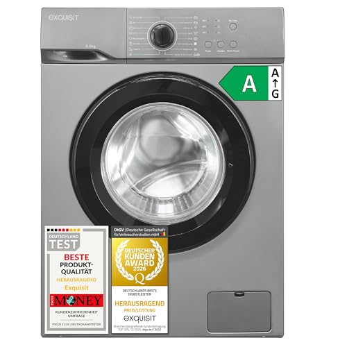 Exquisit Waschmaschine silber | 6 kg Kapazität, Energieklasse A, 1000 U/Min, 76 dB, 37 kWh/100 Zyklen | 16 Programme, Kurzprogramm, Kaltwäsche, Aquastop, Kindersicherung | WA56110-021A inoxlook-az