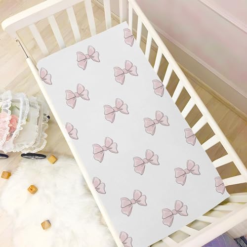 Image of Cute Beautiful Pink Bow Fitted Crib Sheets Stretchy Portable Playard Sheets for Baby Toddler, Breathable Soft Mini Crib Mattress 52 x 28 in for Boys and Girls