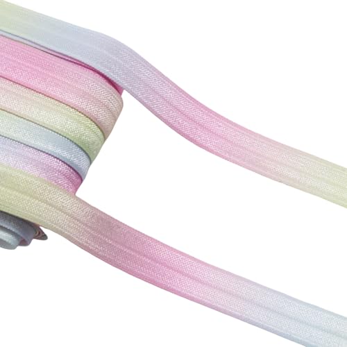 Yalulu 20 Yards 0.6inch Wide Pastel Rainbow Fold Over FOE Elastic Elastics Ribbon Fabric Spandex Band for Headband Crafts Fabric Ribbon