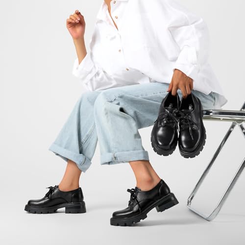 Image of NobleOnly Platform Loafers for Women Lace-up Chunky Low Block Heel Loafers Close Round Toe Casual Office Pumps 1.4 Inches Heels