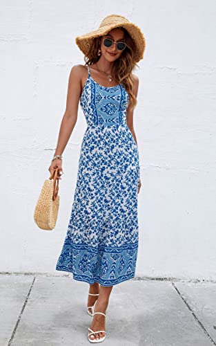 Image of Angashion Women's Dresses Floral Adjustable Spaghetti Strap V Neck Boho Long Maxi Dress Summer Beach Flowy Ethnic Sundress
