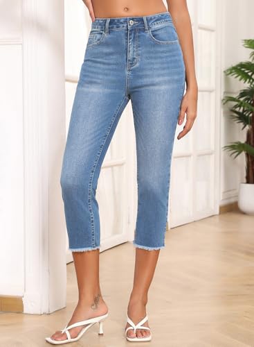 Image of Sidefeel Women's High Waisted Straight Leg Jeans Capri Denim Pants
