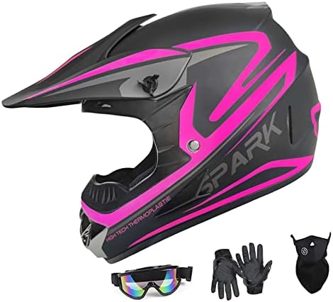 Youth Adult Anti-Collision Dirt Bike Helmet Trend Skull ATV DOT Approved BMX Youth Helmet SUV Mask Goggles Gloves,Dirt Bike Downhill Off-Road Mountain Bike Helmet 4-Piece Set (Pink, Medium)
