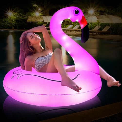 Inflatable Flamingo Pool Floats with Lights, Solar Powered Flamingo Swimming Pool Tubes