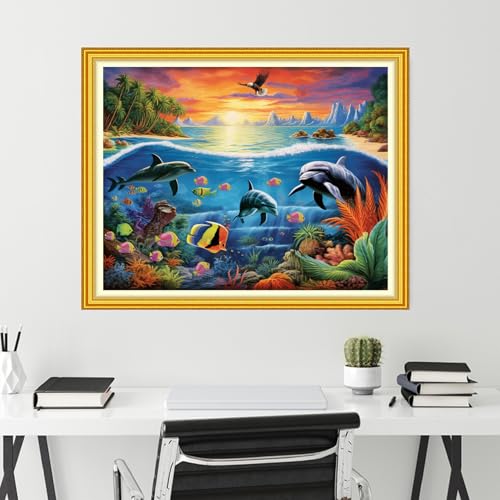 Image of Funchey Stamped Cross Stitch Kits, DIY Cross Stitch Pattern for Adults Beginners Needlepoint Kits Embroidery Kit Arts and Crafts 11CT-Underwater World 16x20 inch
