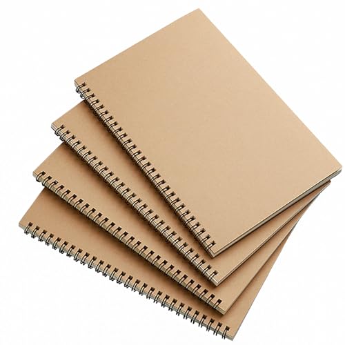 QISF 4 Packs Spiral Notepad A5-120 Pages/60 Sheets Kraft Cover Notebooks Bulk Journals,8.3 * 5.5 inch Lined Notebook,A5 Notepad Wirebound Notebook for Office School Travel Drawing（Brown）