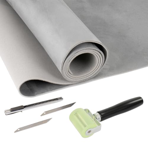 98 x 59 Grey Suede Auto Headliner Fabric with Foam Backing Car Roof Headliner Fabric Replacement Kit with Seam Roller and Utility Knife for Car SUV Truck RV Boat Interior Repair