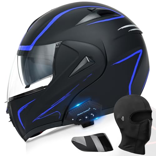 Motorcycle Bluetooth Modular Helmet, DOT Approved Dual Visor Full Face Flip Up Bluetooth Integrated Motorcycle Helmet for Adults Men and Women (Blue,Large)