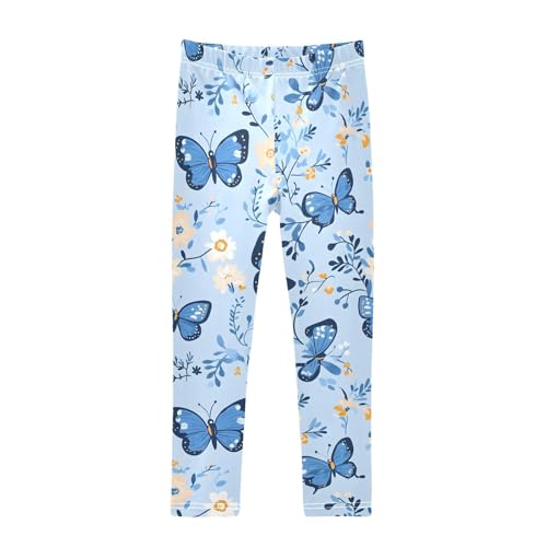 Butterflys Flowers Blue Girls Leggings Soft Stretch Workout Yoga Dance Pants for Kids Casual Tights