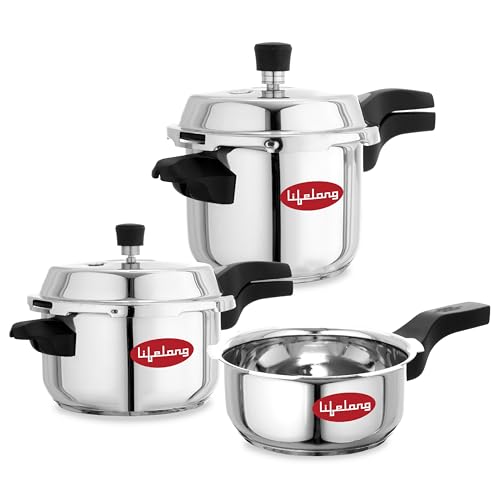 Lifelong Stainless Steel Pressure Cooker | Set of 3 | 2L, 3L & 5L | Induction & Gas Stove Compatible with Outer Lid, ISI Certified & Lock System |Safe