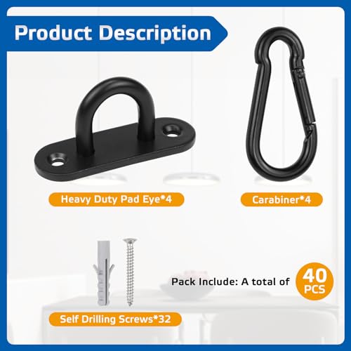 Rierousy 4 Stück Augplatte Edelstahl, Augplatte Schwarze mit M6-Karabinerhaken, Ösenplatte 6cm-80kg, Augplatte Schwerlast für Wand-Befestigung, Decken-Befestigung, Augplatte mit Öse