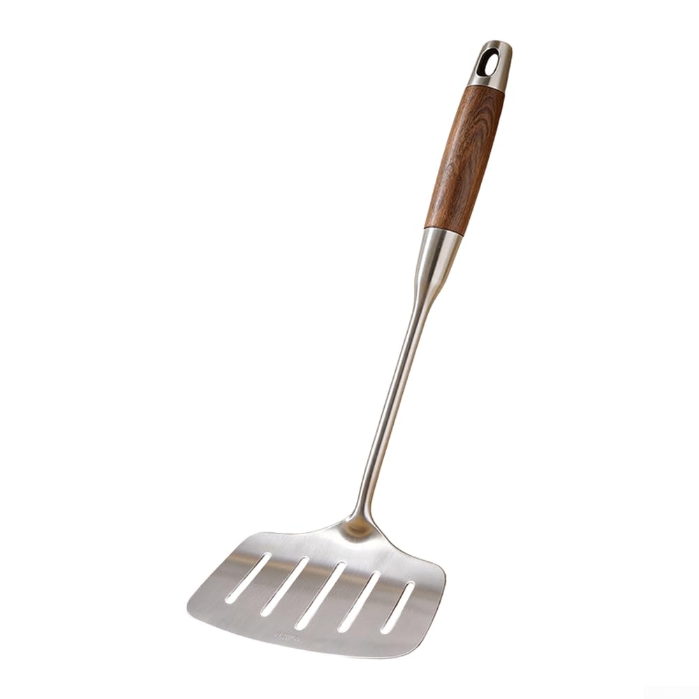 Juego de utensilios de cocina de acero inoxidable de grado 316L con asas de madera de tacto frío, cuchara ranurada, espátula para freír, espátula de pescado