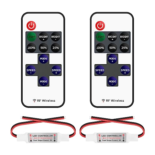 VIPMOON 2 Pack 11 Key RF Mini Wireless Remote Controller with DC 5-24V. Connector for Single Color 3528 5050 LED Strip Lights