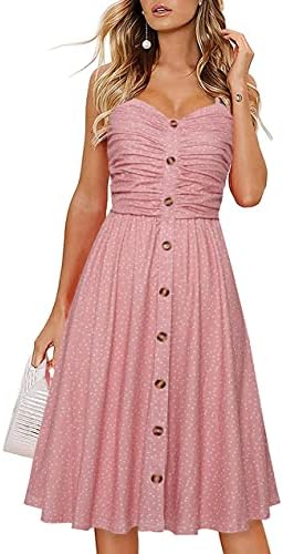 Drimmaks Women's Casual Beach Summer Dress Floral Print A-line Spaghetti Strap Button Down Midi Sundress (044-Pink Dot, M)