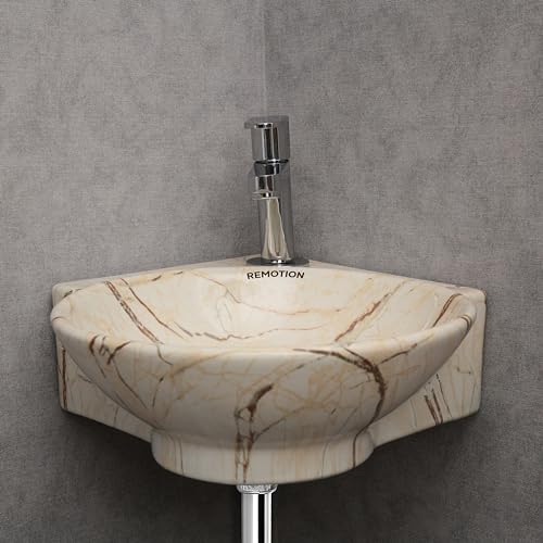 Image of REMOTION Wall Mounted Wash Basin for Bathroom | Wall Hung Corner Sink | Ceramic Round Wall Hung Wash Basin | Wall Hung Small Corner Basin (16.3 x 13.8 x 4.3 Inch) (Designer Beige Maroon)